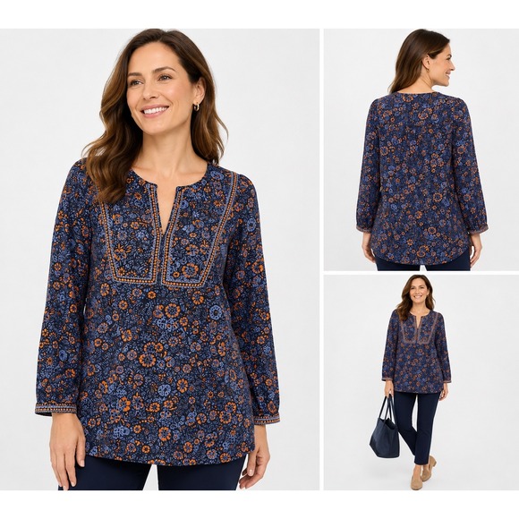 J. Jill Tops - J Jill Large Navy Floral Tunic Top Embroidered Split Neck Cotton Modal NWT new